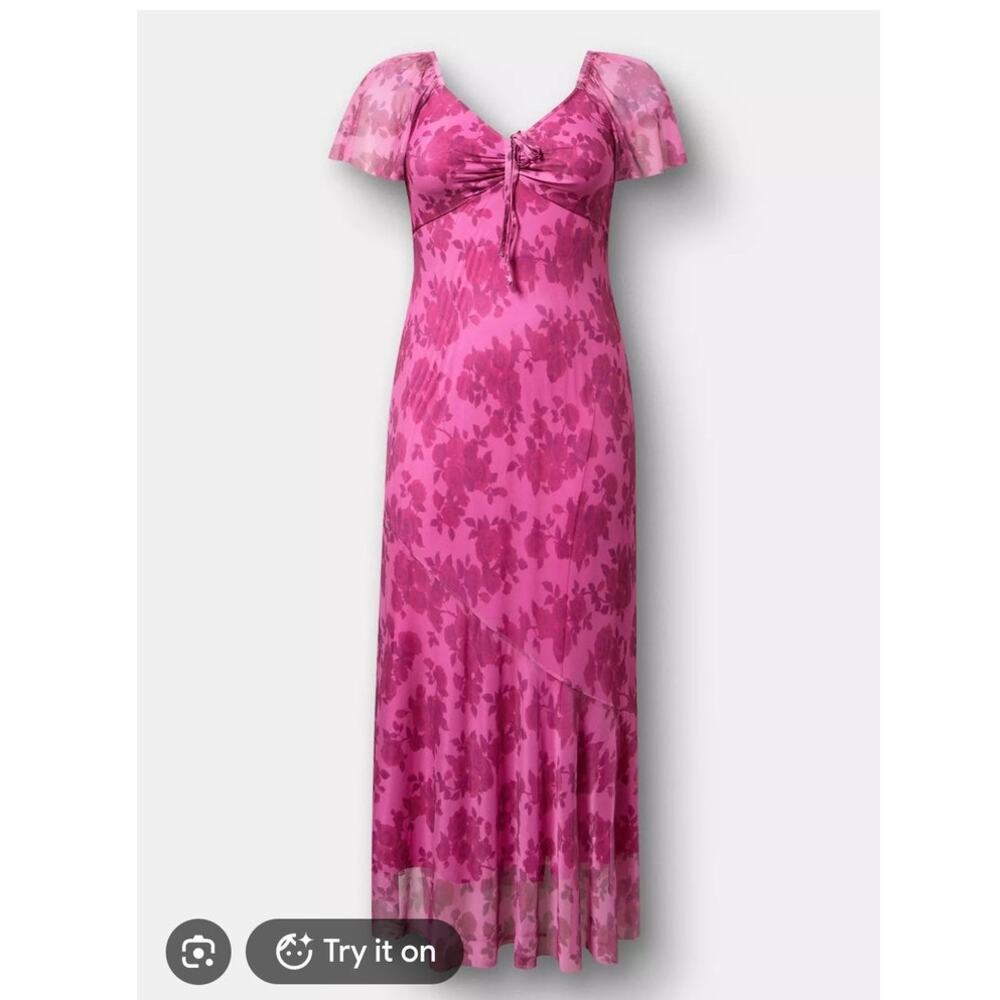 Torrid Julep Rose Flutter Sleeve Tie Front Maxi Dress 4X 26 Mesh Romantic Floral